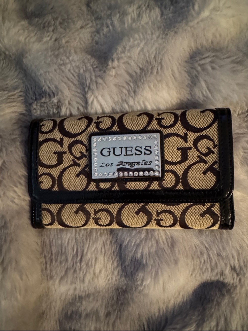 GUESS Beige and Brown Signature Logo Wallet with Crystal Plaque